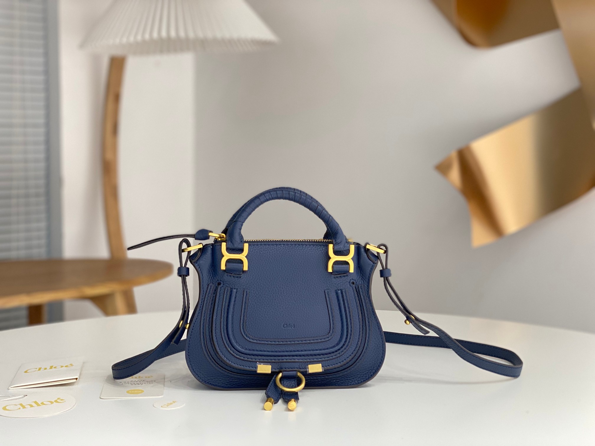 Chloe Mini Marcie Bag In Navy Grained Leather